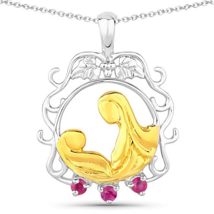 Round Pink Ruby Prong Silver Pendant Necklace
