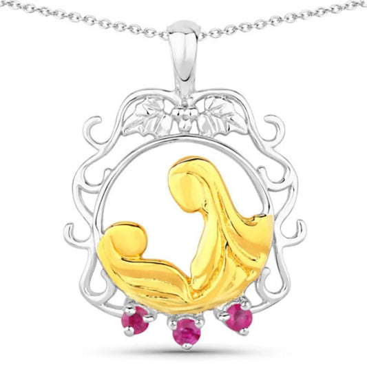 Round Pink Ruby Prong Silver Pendant Necklace