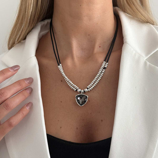 Black Polyster & Crystal Silvertone Beaded Triangle Pendant Necklace