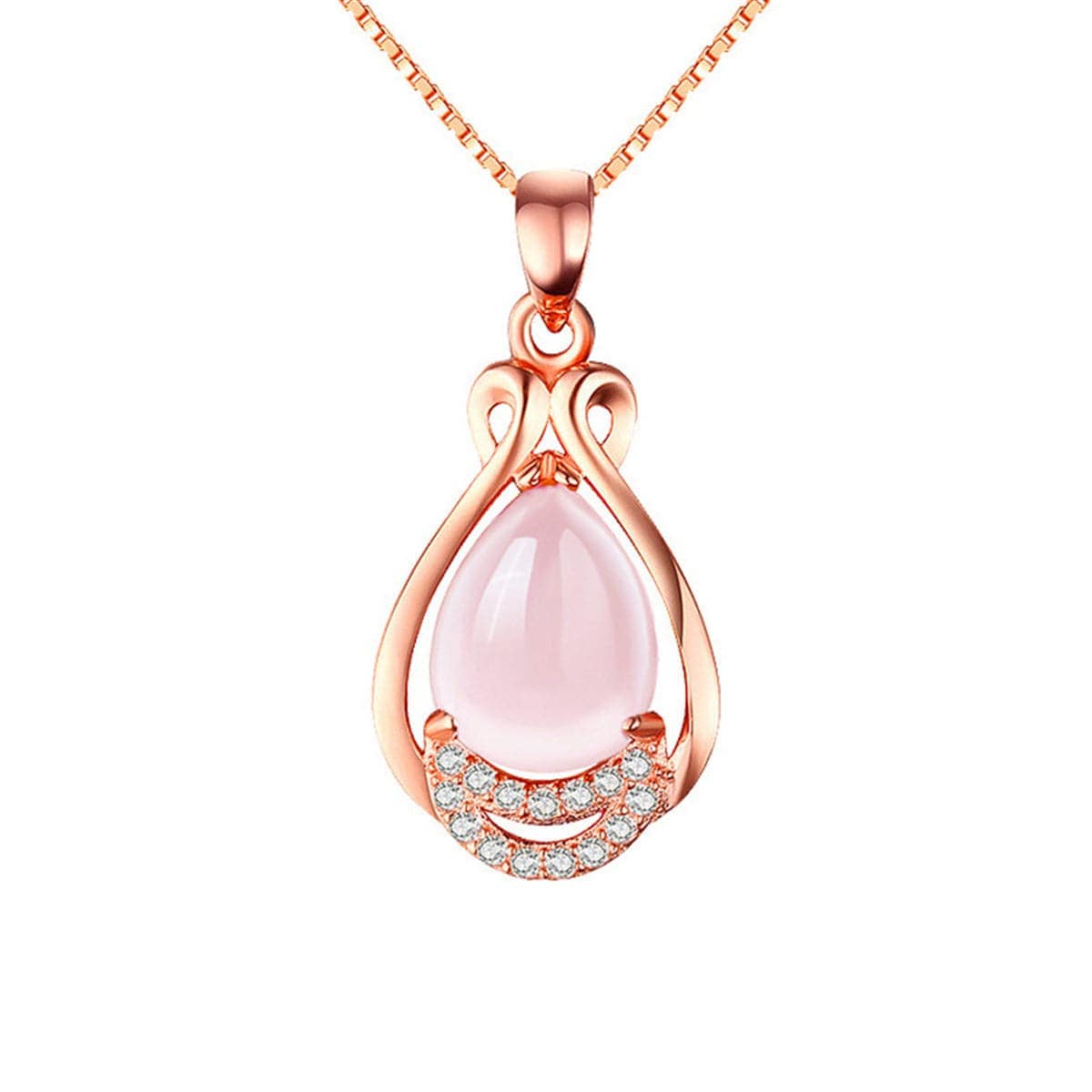 Rose Quartz & Cubic Zirconia Teardrop Pendant Necklace-2
