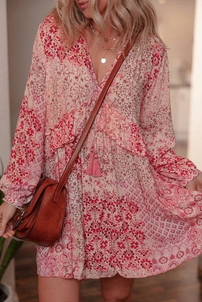 Threaded Pear Melody Floral Tassel Tie Long Sleeve Mini Dress