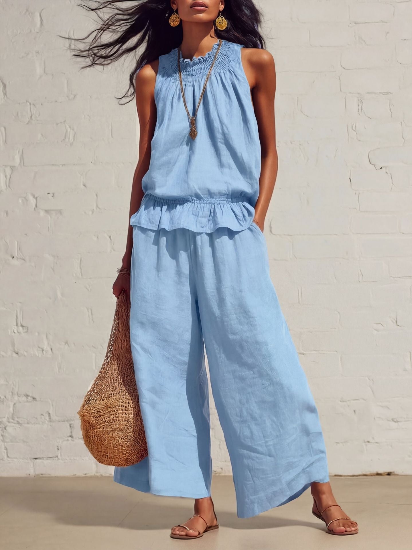 Women's Smocked Neckline Ruffle Hem Linen Tank & Wide-Leg Cropped Pants Set