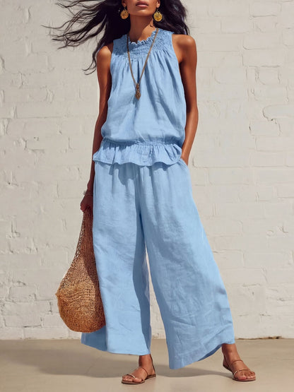 Women's Smocked Neckline Ruffle Hem Linen Tank & Wide-Leg Cropped Pants Set