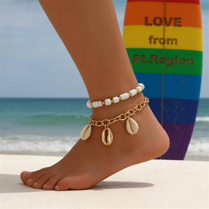 Polymer Clay & Shell Acrylic Goldtone Stretch Anklet Set