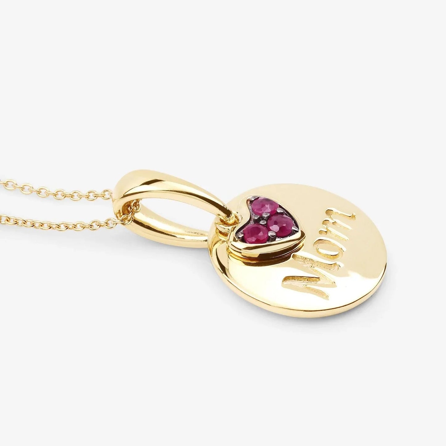 Round Red Ruby Prong Gold Plated Silver Mom Heart Pendant Necklace
