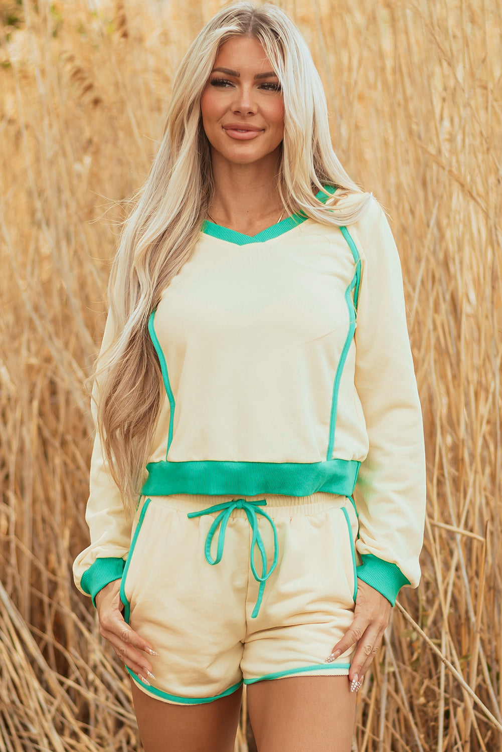 Threaded Pear Wren Long Sleeve Pullover and Drawstring Shorts Outfit