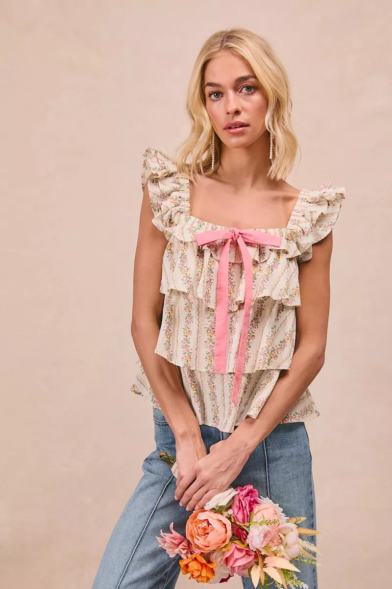 BiBi Floral Printed Woven Front Bow Tied Ruffled Square Neck Sleeveless Top