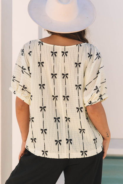 Threaded Pear Aviana Bow Print Puff Short Sleeve Top