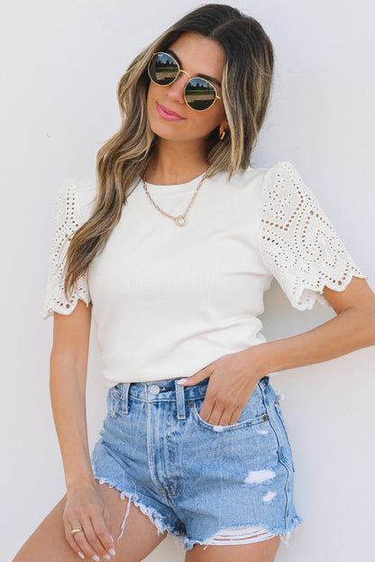Threaded Pear Kora Eyelet Pattern Short Sleeve Top