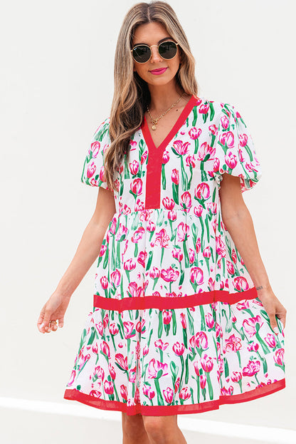 Threaded Pear Berkley Floral V Neck Bubble Babydoll Dress