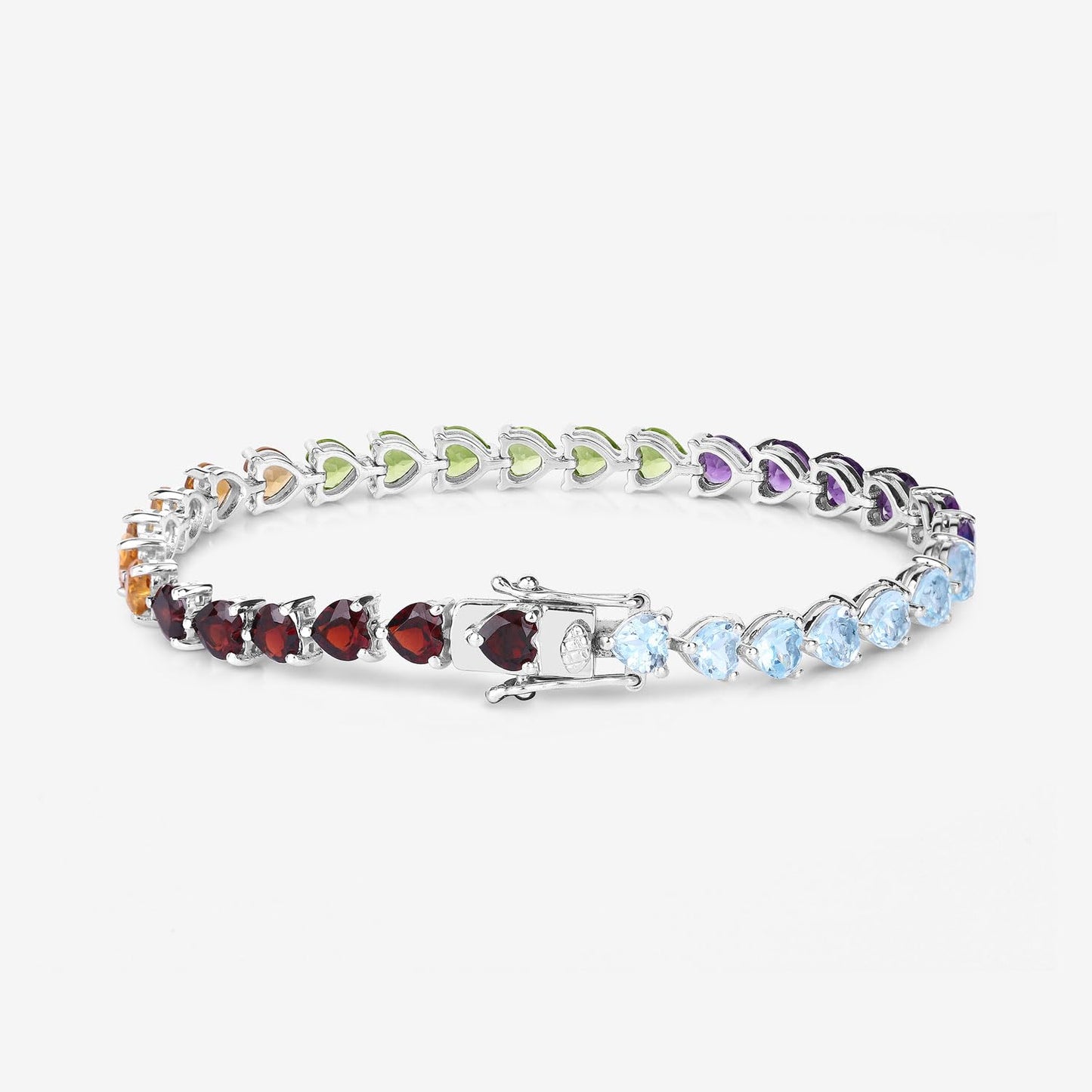 Heart Multi Birthstone Prong Silver Box Clasp Tennis Bracelet