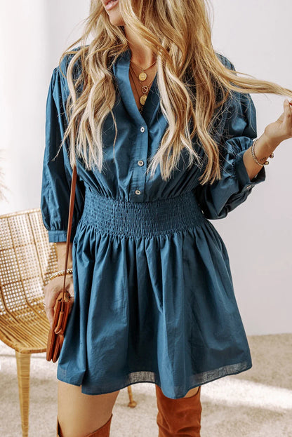 Tammy - Prussian Blue 3/4 Sleeve Shirred High Waist Buttoned Mini Dress