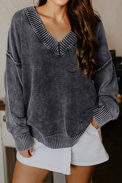 Four Leaf Clover Mineral Wash V Neck Knit Exposed Seam Drop Shoulder Loose Sweater