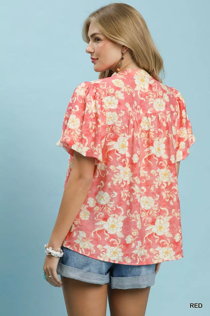 Umgee Floral Button-Front Short Sleeve Shirt