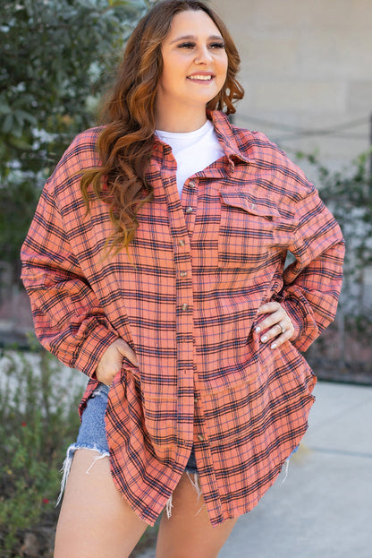 Threaded Pear Plaid Long Sleeve Side Split Distressed Shirt