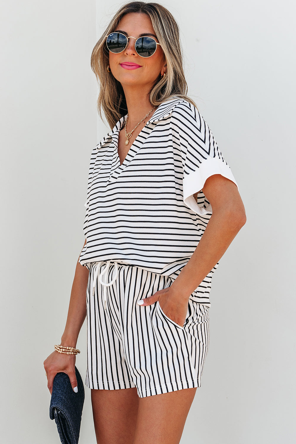 Threaded Pear Chloe Stripe V Neck Tee Short Set