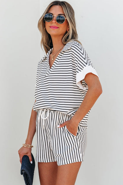 Threaded Pear Chloe Stripe V Neck Tee Short Set