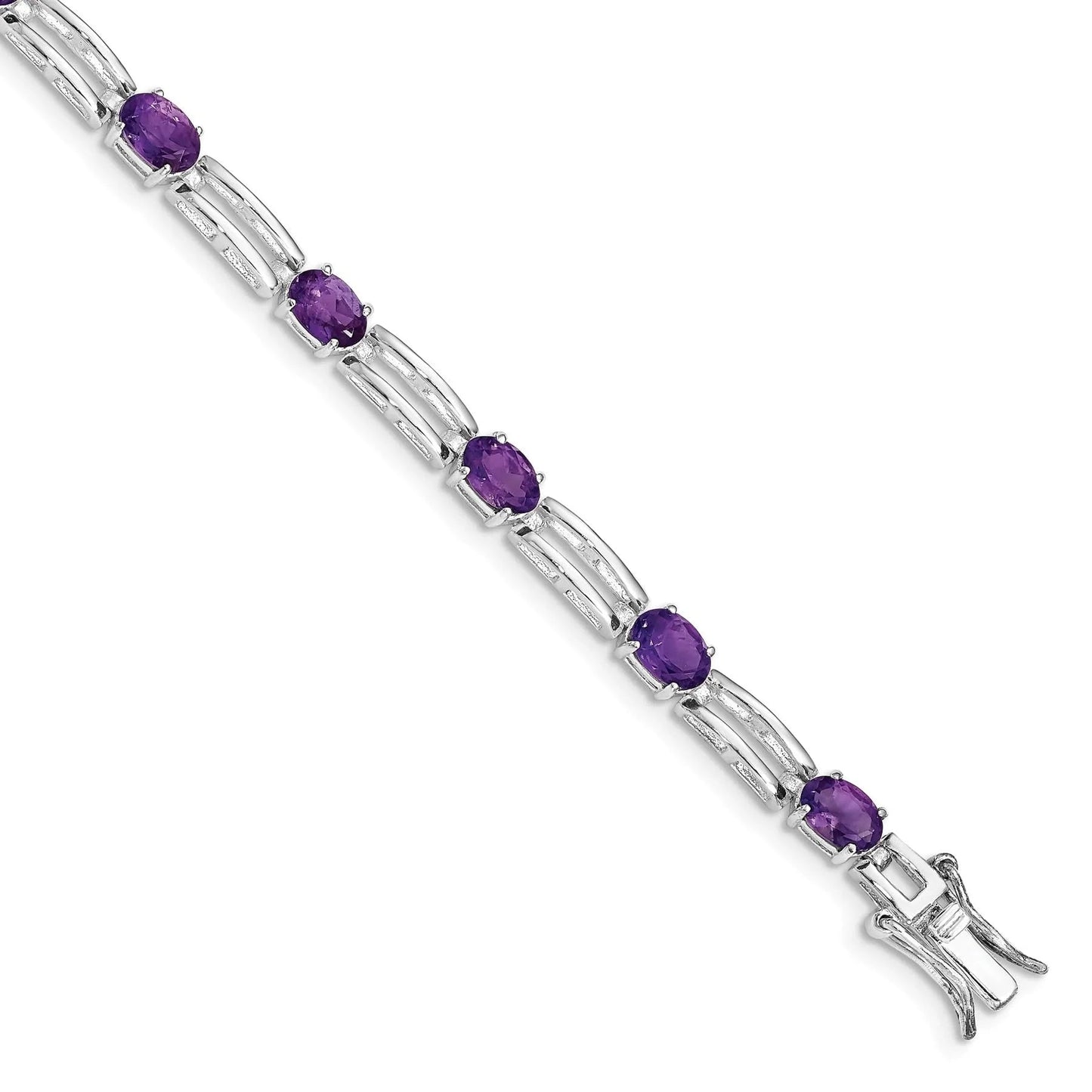 Oval Purple Amethyst Prong Rhodium Plated Sterling Silver Bar Link Bracelet