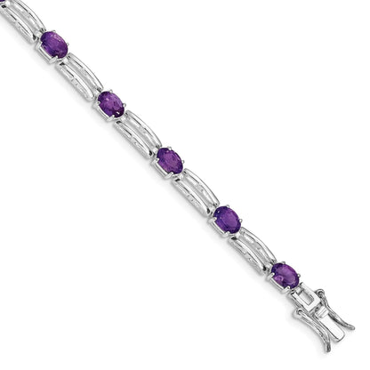 Oval Purple Amethyst Prong Rhodium Plated Sterling Silver Bar Link Bracelet