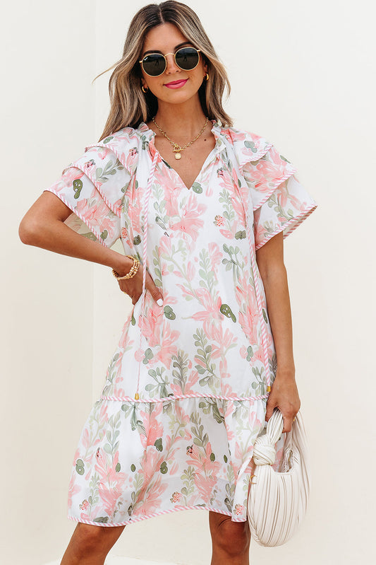 Threaded Pear Madalyn Floral Contrast Edge Layered Short Sleeve Mini Dress