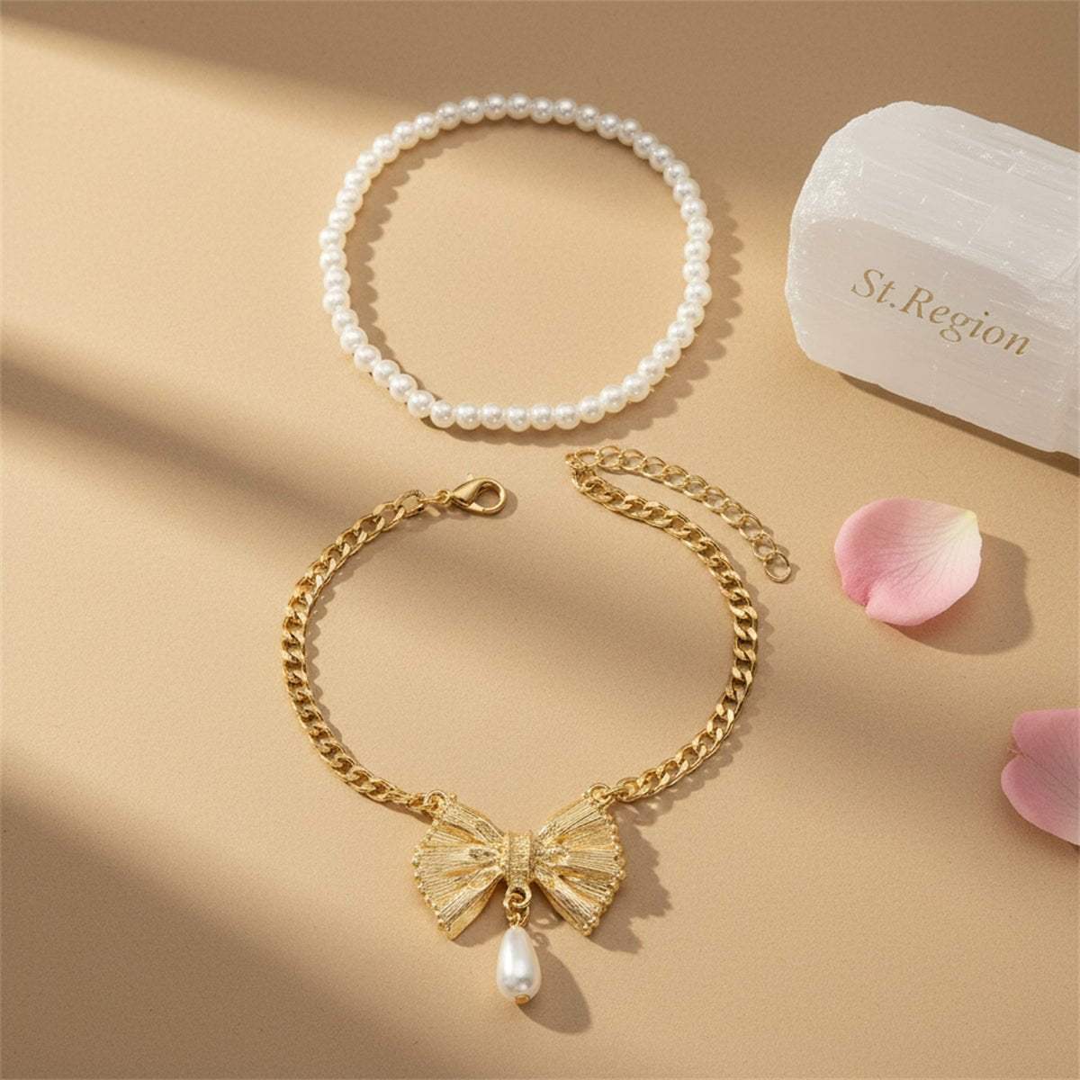 Pearl & Goldtone Butterfly Drop Charm Anklet Set