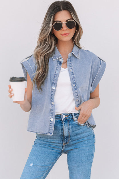 Threaded Pear Emelia Denim Pinup Folded Cap Sleeve Shirt