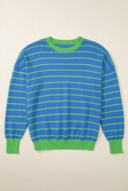 Briar Stripe Trimmed Round Neck Loose Sweater - Threaded Pear