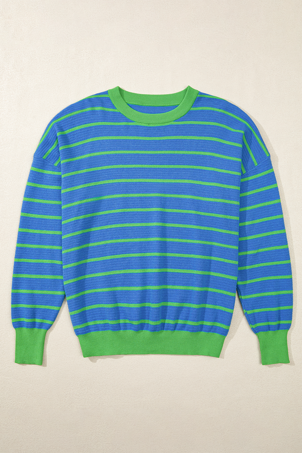 Threaded Pear Briar Stripe Trimmed Round Neck Loose Sweater