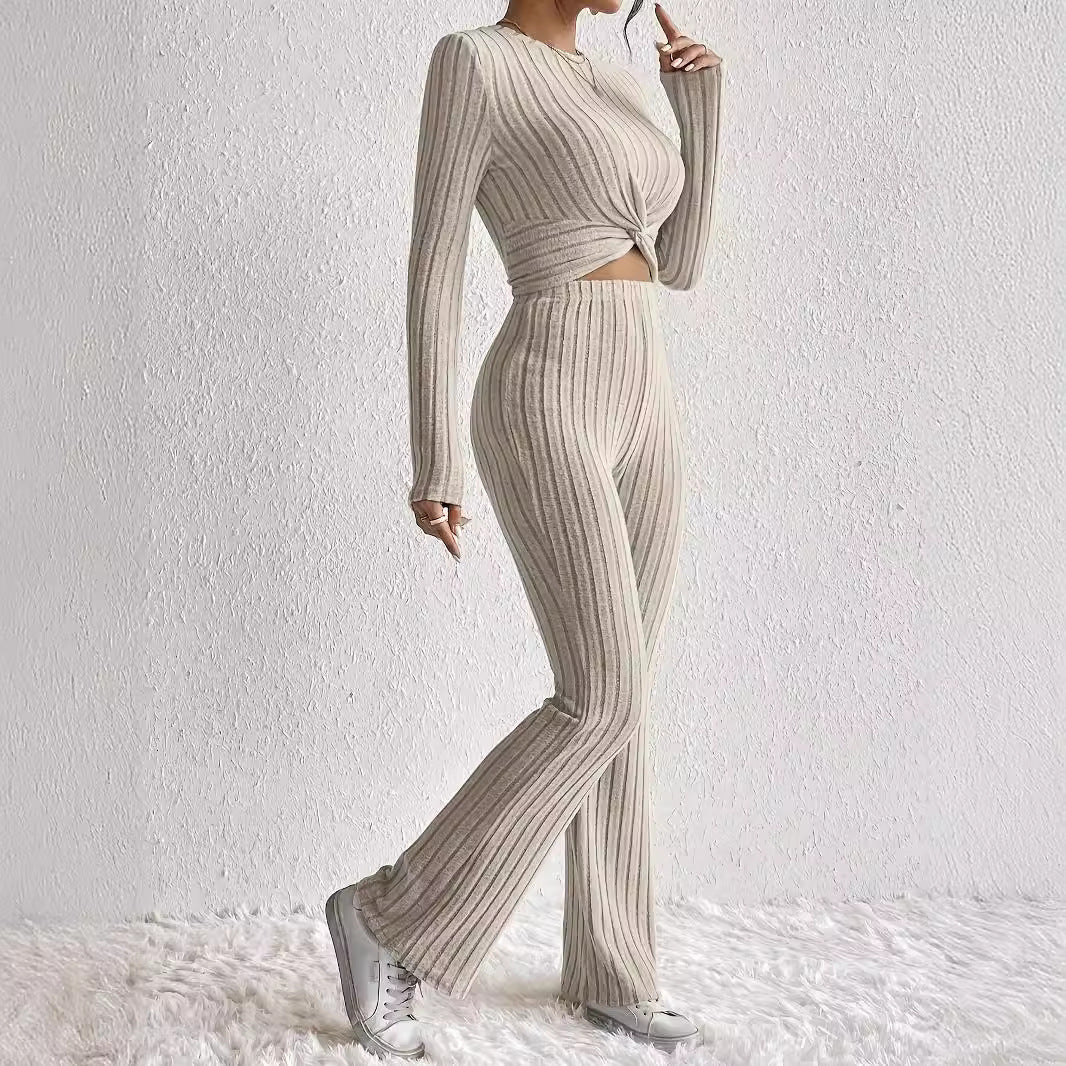 Women's Twist-Front Crop Top & Wide-Leg Ribbed Knit Set – 3 Colors