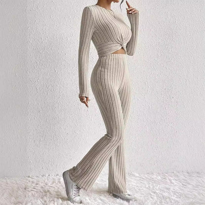 Women's Twist-Front Crop Top & Wide-Leg Ribbed Knit Set – 3 Colors