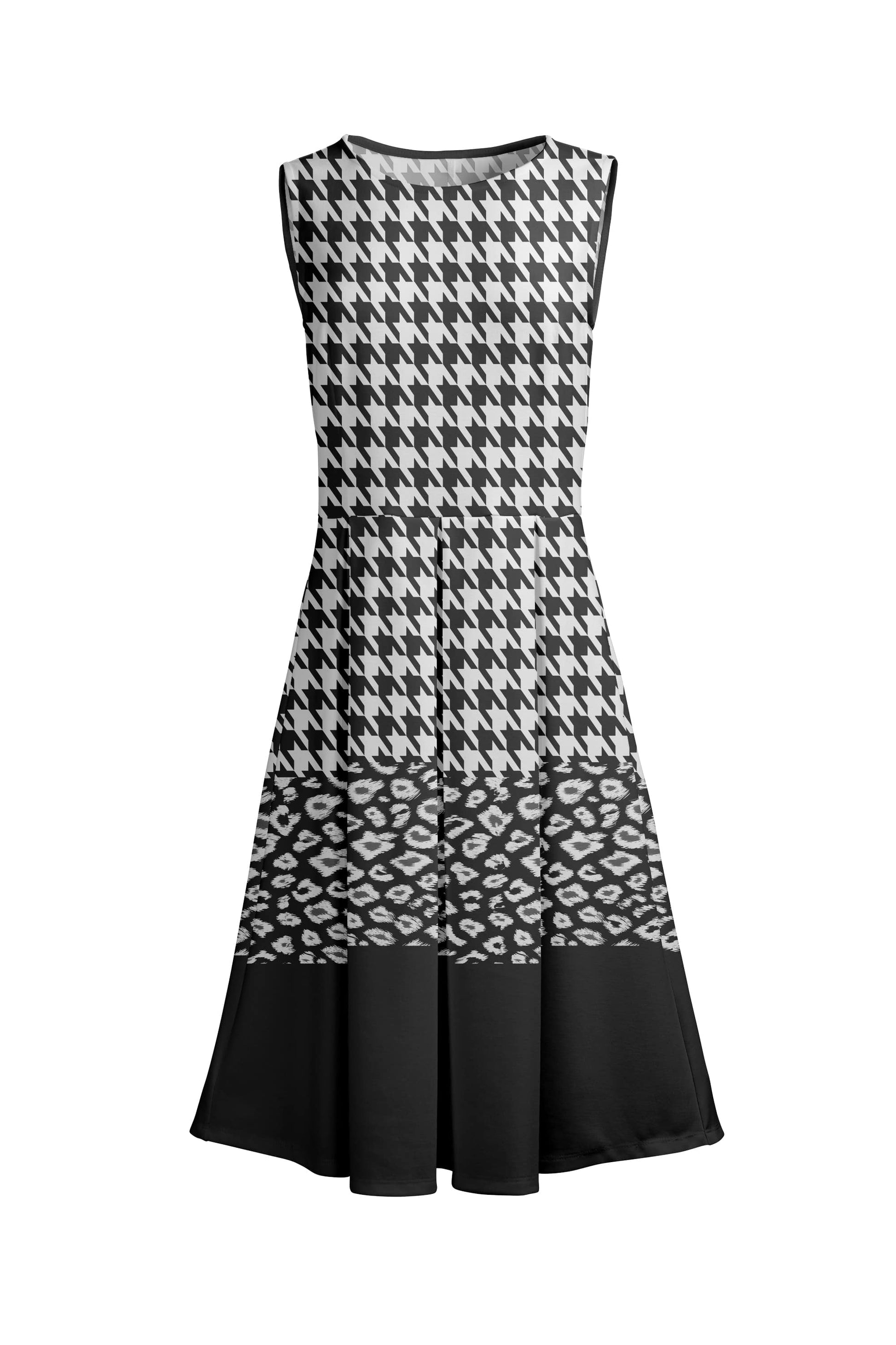 houndstooth print mini dress Lily by Firmiana Women’s Sleeveless Short Dress with Pleated Skirt Women’s Apparel Black White Houndstooth Print Black White / L