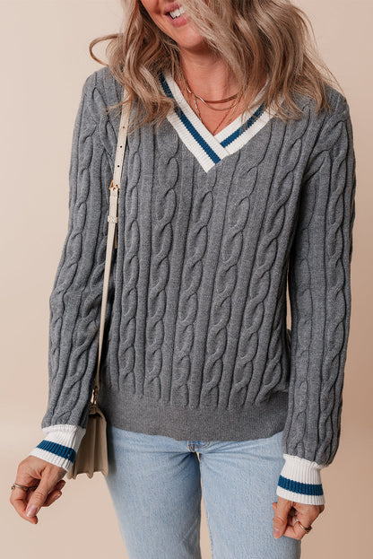 Threaded Pear Kayle Ribbed Edge Cable Knit V Neck Sweater