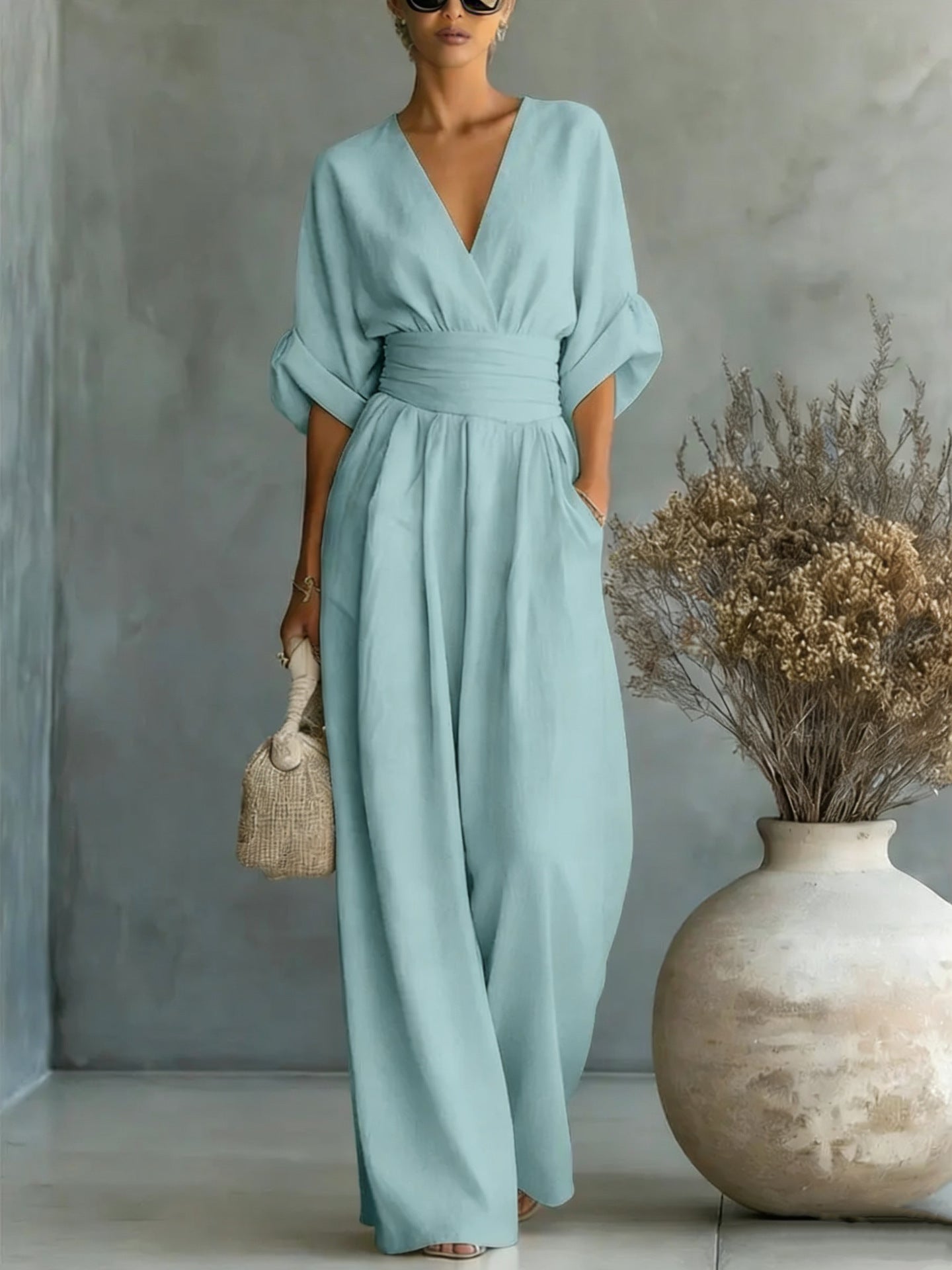 Women's V-Neck Wide-Leg Jumpsuit – High Waist Pleated Elegant