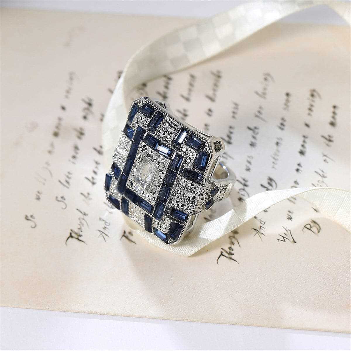 Blue Crystal & Cubic Zirconia Square Block Ring