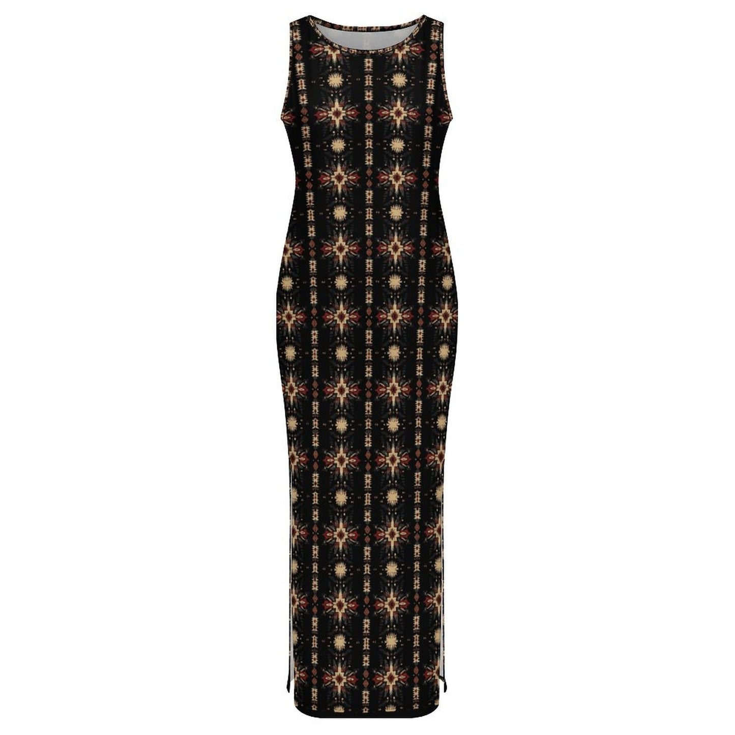 Baha Ranch Black and Tan Aztec Sleeveless Bodycon Side Slit Maxi Dress