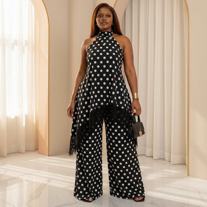 Women's Polka Dot Halter Top & Wide-Leg Pants Set – Lace-Hem, Open Back