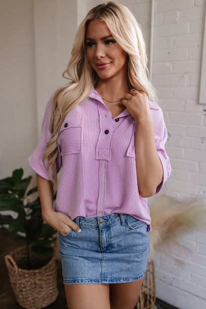 Threaded Pear Kyla Flap Pocket Collared Buttoned Short Sleeve Blouse