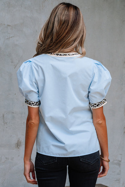 Threaded Pear Mila Contrast Leopard Trim Split Neck Puff Sleeve Blouse