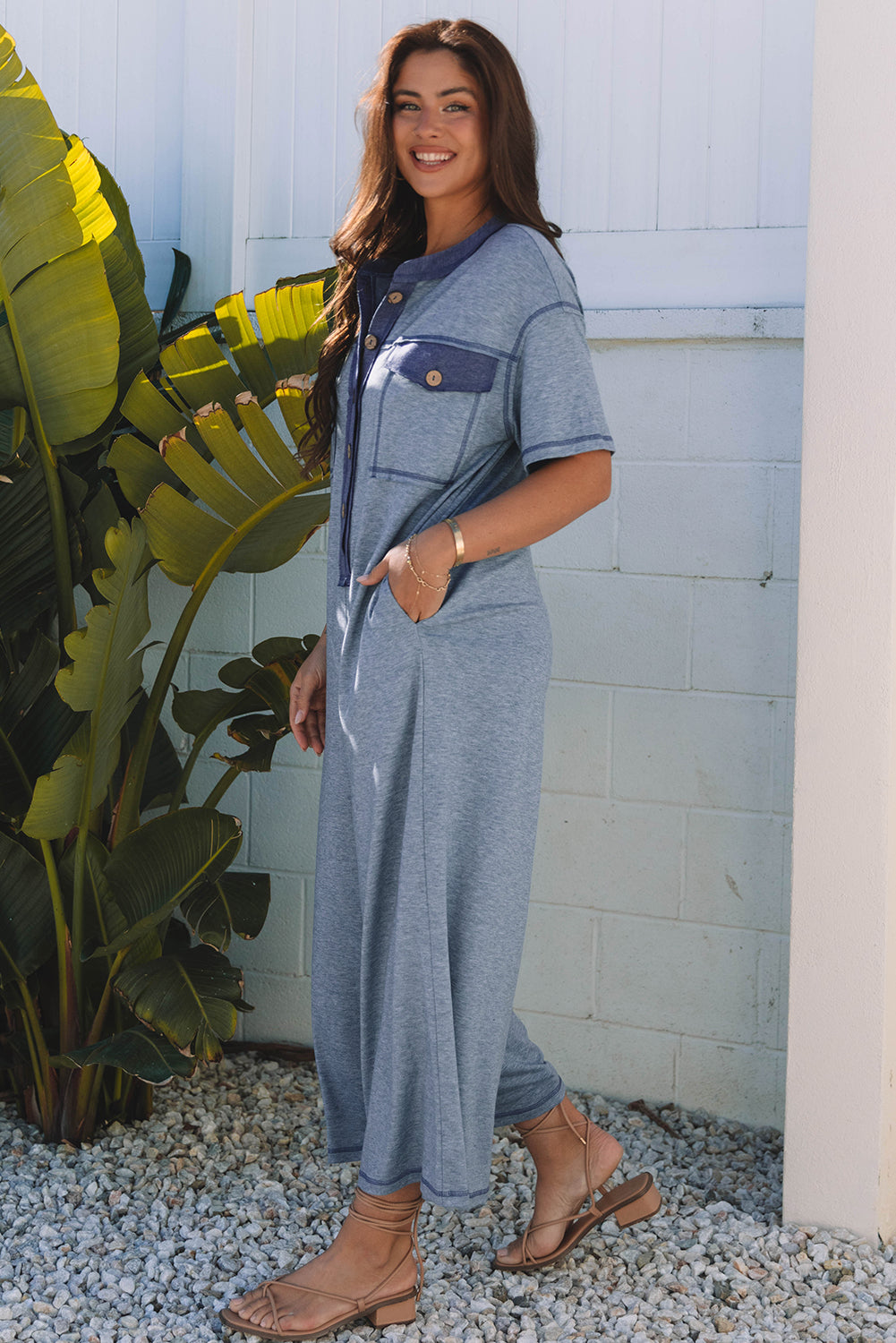 Threaded Pear Emmie Half Placket Chest Pockets Wide Leg Jumpsuit