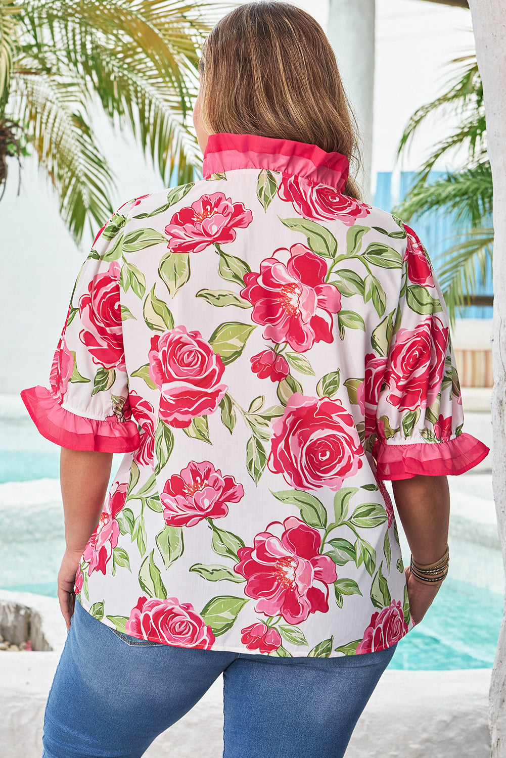 Threaded Pear Elise Plus Size Floral Frilled Stripes Blouse