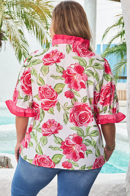 Threaded Pear Elise Plus Size Floral Frilled Stripes Blouse