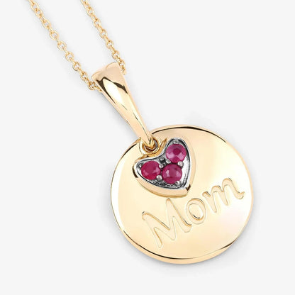Round Red Ruby Prong Gold Plated Silver Mom Heart Pendant Necklace