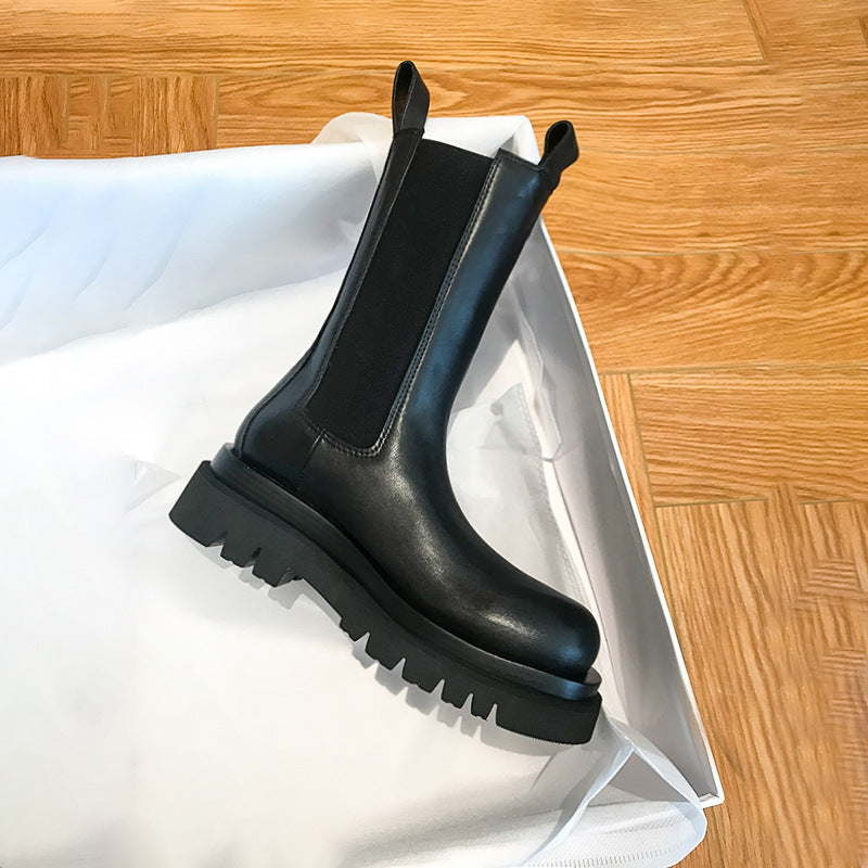 Women’s British-Style Mid-Calf Thick-Soled Leather Boots