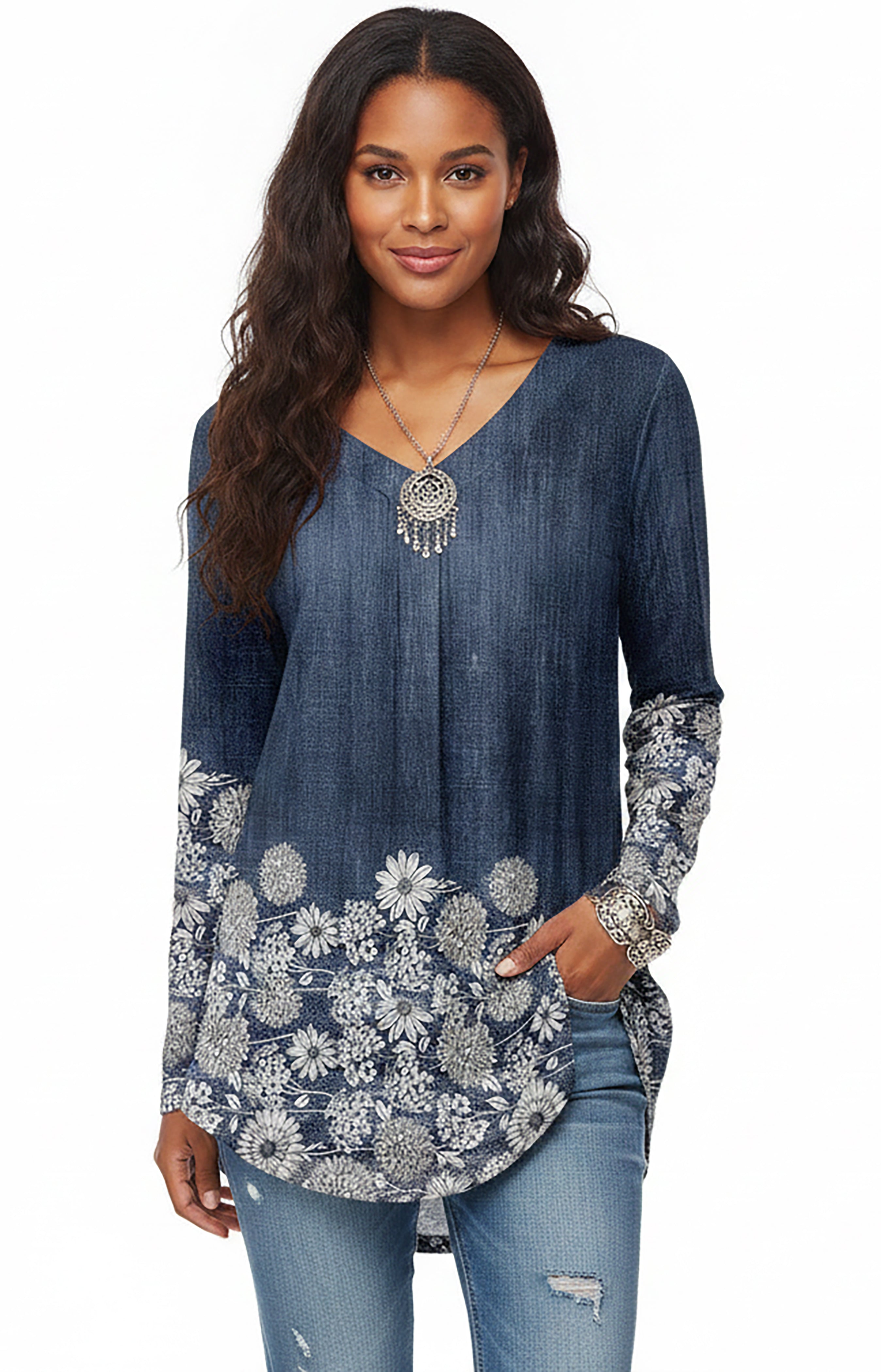 Women's V-Neck Long Sleeve Rounded Hem Bold Printed Tunic – Zulily