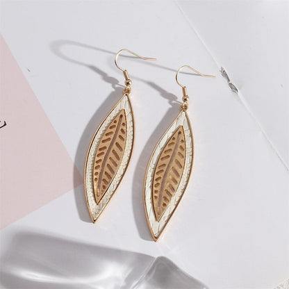 White Polyurethane & Goldtone Weave Leaf Drop Earrings