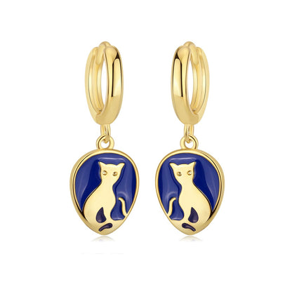 Blue Enamel & Goldtone Cat Drop Earrings