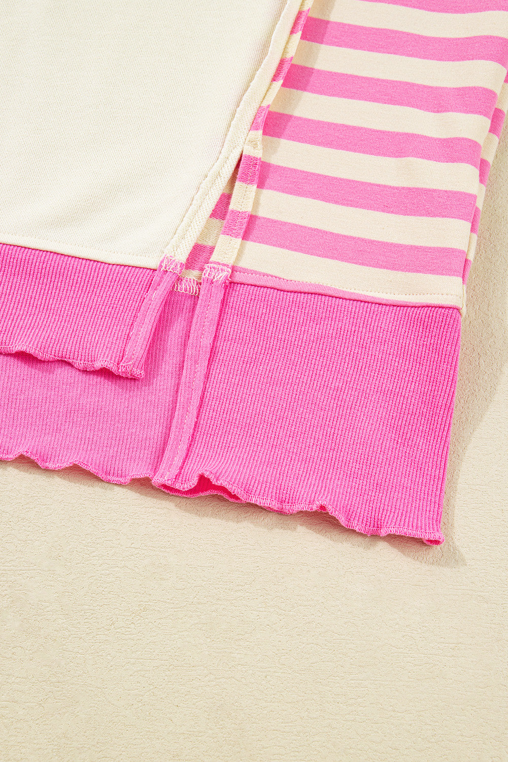 Threaded Pear Pink Stripe Contrast Polo Collar Drop Shoulder Patchwork Plus Size Pullover