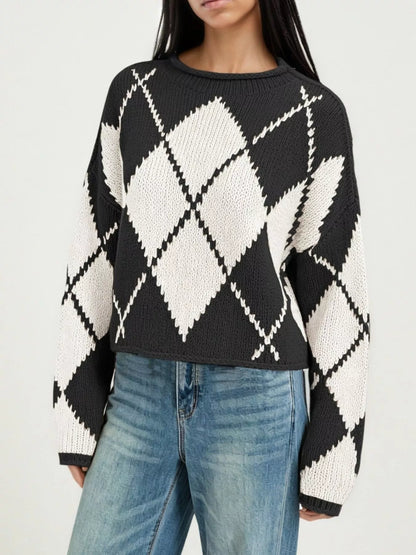 Argyle Pattern Knit Dropped Shoulder Sweater