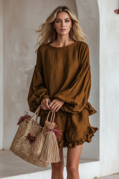 Women's Lantern Sleeve Ruffle Hem Top & Ruffle Shorts Linen-Style Two-Piece Set