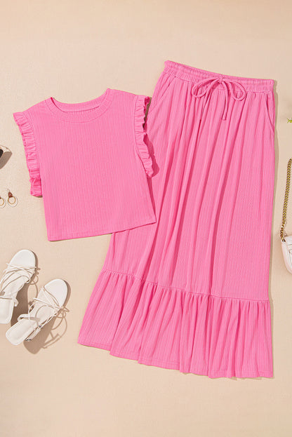 Estrella Textured Crop Vest Lace-up Long Skirt Set - Threaded Pear